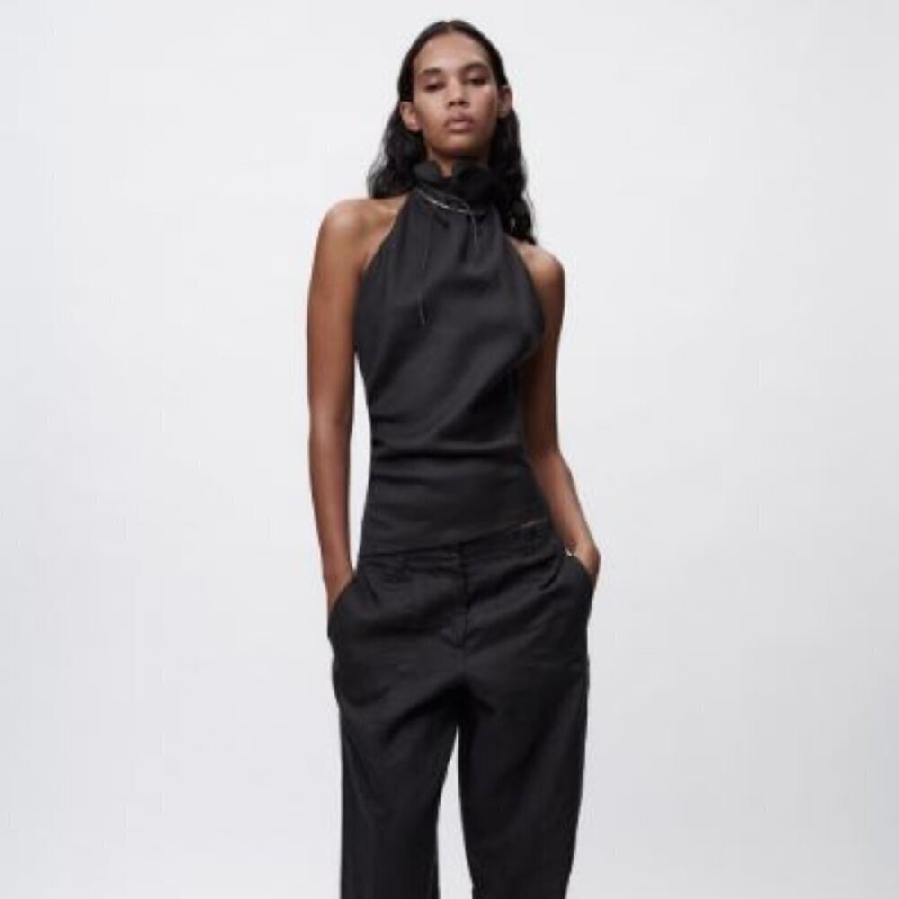 NEW WOMEN'S ASYMMETRIC HEM LINEN HOLDERS TOP BLACK SIZE XS-LC 7505/908/800